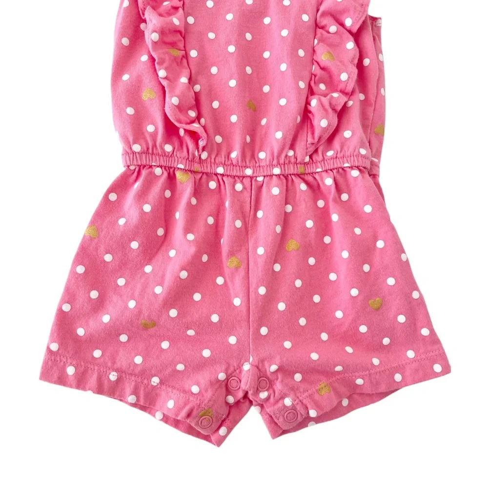 Carter's Pink & White Polka Dot Ruffle Romper w/Gold Hearts, Baby Girl 9 Months